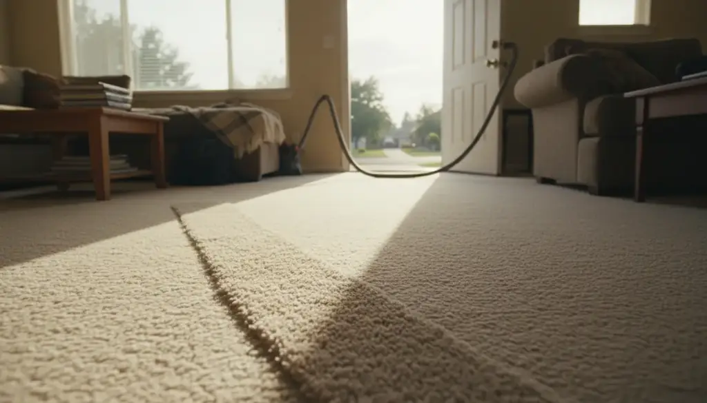 A freshly groomed lane drawn across a pale carpet with low daylight raking across the pile