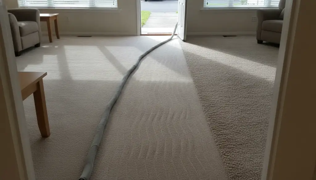Sunlight raking across a cleaned carpet showing the direction of the nap